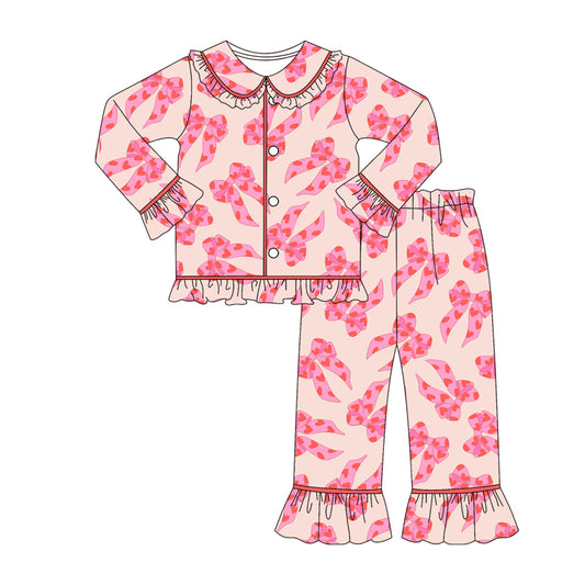 MOQ 8 Preorder GLP2837 Valentine's Day Love Bows Ruffle Doll Collar Long Sleeve Pants Girls Pajamas Set 202509