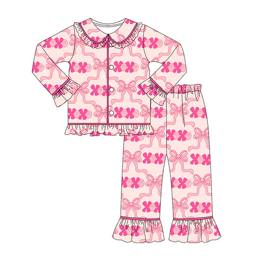 MOQ 8 Preorder GLP2838 Valentine's Day xoxo Love Bows Ruffle Doll Collar Long Sleeve Pants Girls Pajamas Set 202509