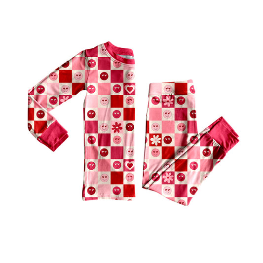 MOQ 8 Preorder GLP2842 Valentine's Day Love Flower Smile Face Red Long Sleeve Pants Girls Pajamas Set 202509