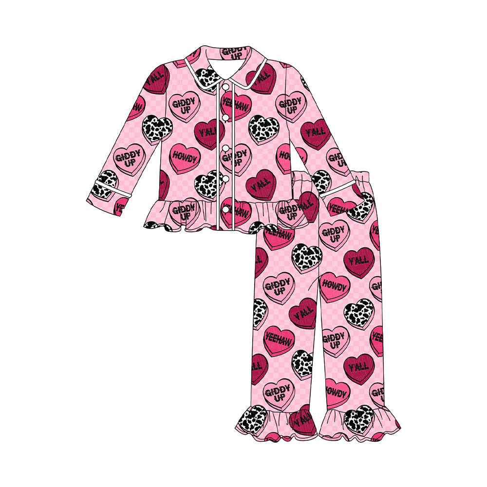 MOQ 8 Preorder GLP2843 Valentine's Day Love Ruffle Polo Button Long Sleeve Pants Girls Pajamas Set 202509 Sibling