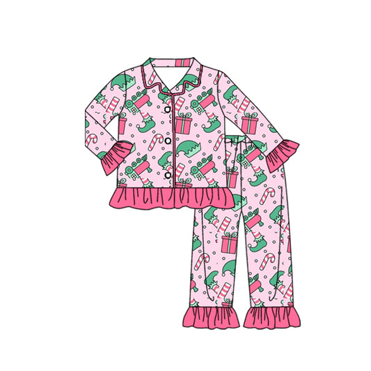 MOQ 8 Preorder GLP2844 Christmas Gift Pink Ruffle Polo Button Long Sleeve Pants Girls Pajamas Set 202509