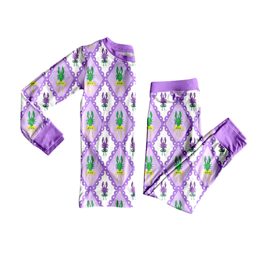 MOQ 8 Preorder GLP2845 Mardi Gras Crayfish Purple Long Sleeve Pants Girls Pajamas Set 202509