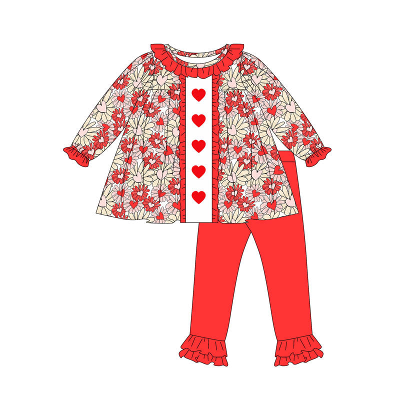 MOQ 8 Preorder GLP2847  Valentine's Day Flower Love Red Ruffle Long Sleeve Pants Girls Set 202509