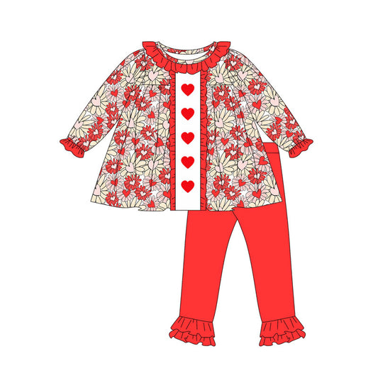 MOQ 8 Preorder GLP2847  Valentine's Day Flower Love Red Ruffle Long Sleeve Pants Girls Set 202509