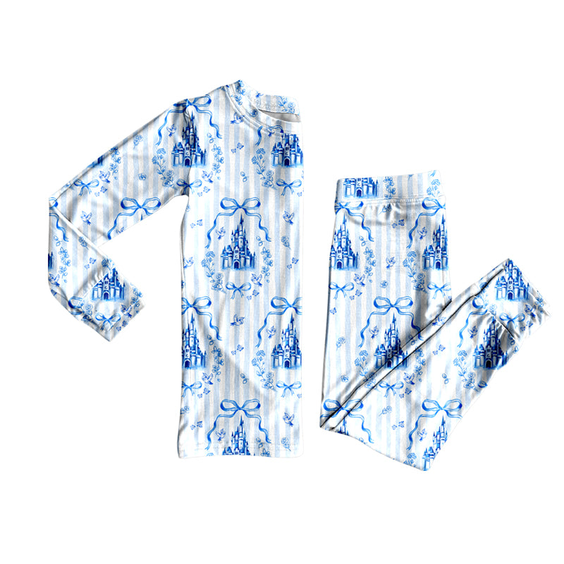 MOQ 8 Preorder GLP2852 Bows Castle Stripe Blue Long Sleeve Pants Girls Set 202509