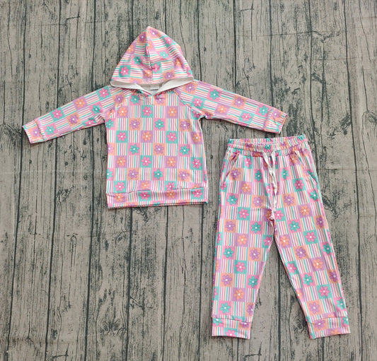 GLP2853-XS-3XL Flower Stripe Plaid Pink Hooded Long Sleeve Pants Girls Set 202510 RTS