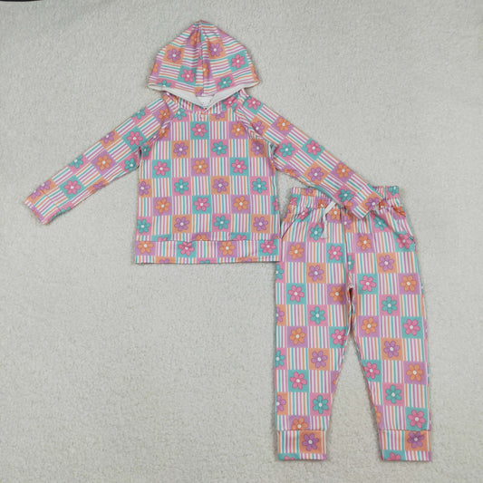 GLP2853-XS-3XL Flower Stripe Plaid Pink Hooded Long Sleeve Pants Girls Set 202510 RTS