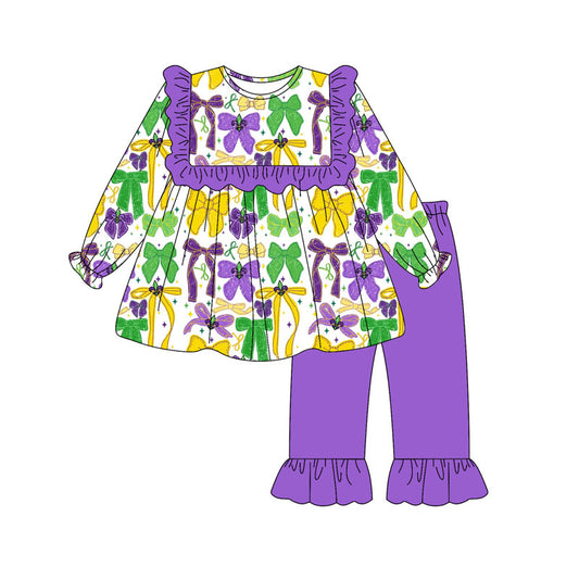 MOQ 8 Preorder GLP2856 Mardi Gras Bows Purple Ruffle Long Sleeve Pants Girls Set 202509