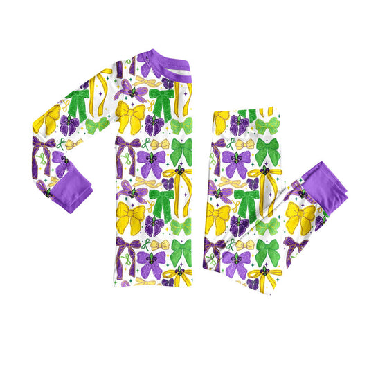 MOQ 8 Preorder GLP2857 Mardi Gras Bows Purple Long Sleeve Pants Girls Pajamas Set 202509