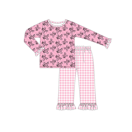 MOQ 8 Preorder GLP2858 Airplane Pink Long Sleeve Plaid Pants Girls Pajamas Set 202509 Sibling