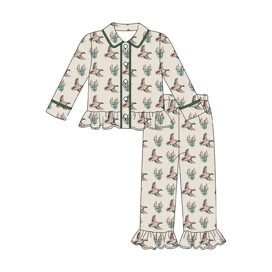 MOQ 8 Preorder GLP2859 Christmas Duck Hunting Polo Button Ruffle Long Sleeve Pants Girls Pajamas Set 202509 Sibling