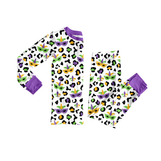 MOQ 8 Preorder GLP2870 Mardi Gras Leopard Purple Long Sleeve Pants Girls Pajamas Set 202509