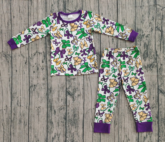 GLP2872-XS-3XL Mardi Gras Bows Purple Long Sleeve Pants Girls Pajamas Set 202510 RTS