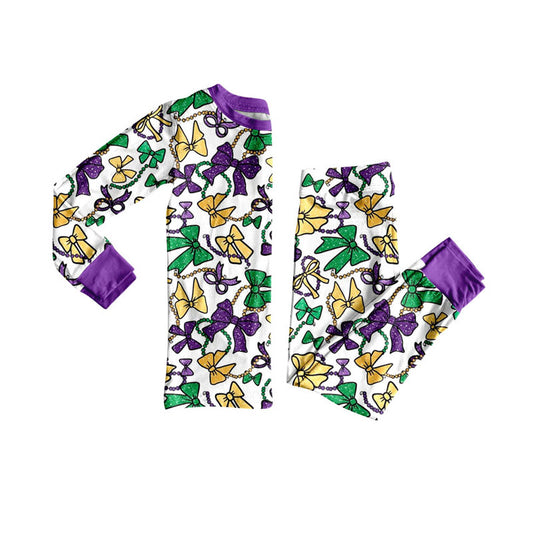 MOQ 8 Preorder GLP2872 Mardi Gras Bows Purple Long Sleeve Pants Girls Pajamas Set 202509