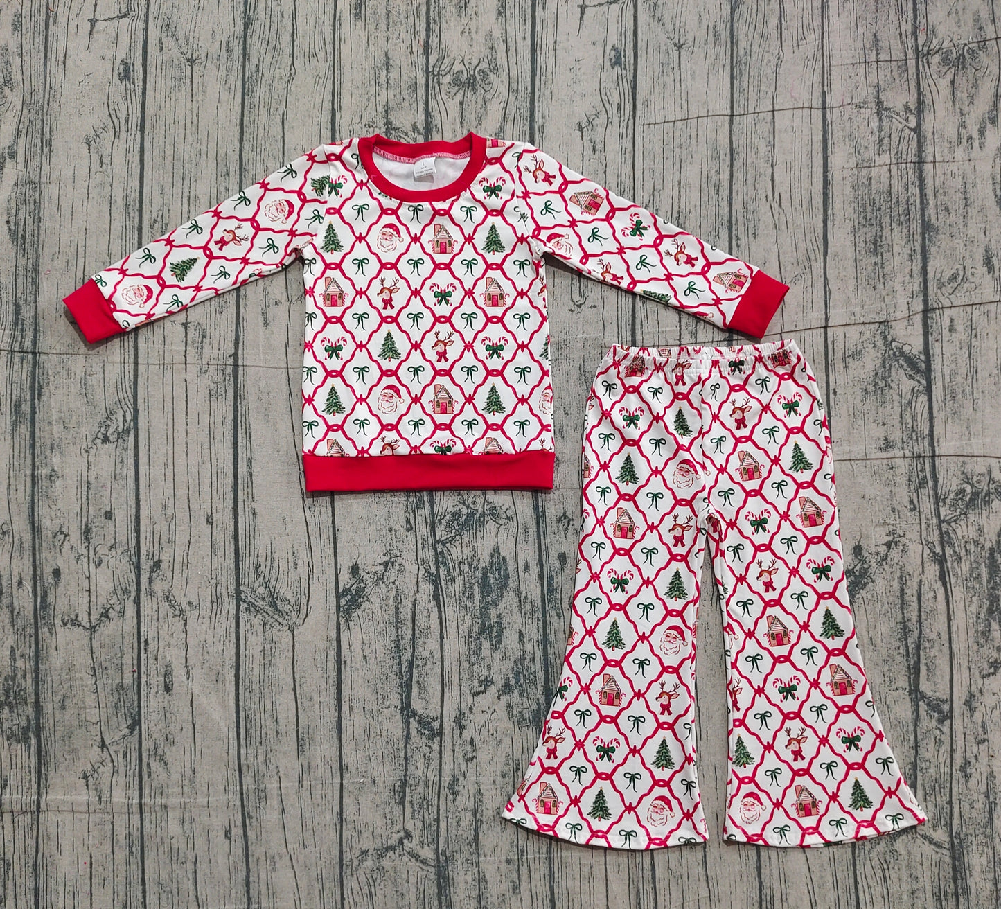 NO MOQ Preorder GLP2878 Christmas Gifts Red Long Sleeve Bell Bottom Pants Girls Set 202510