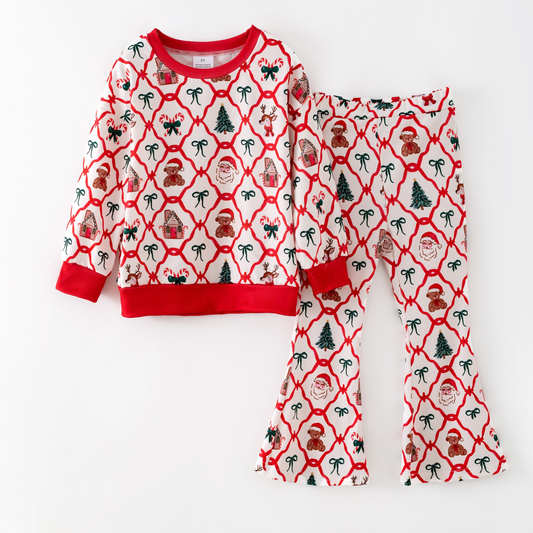 MOQ 8 Preorder GLP2878 Christmas Gifts Red Long Sleeve Bell Bottom Pants Girls Set 202509