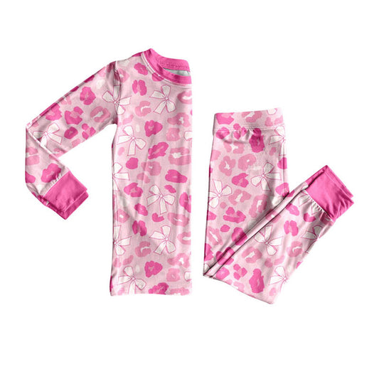 MOQ 8 Preorder GLP2882 Leopard Bows Pink Long Sleeve Pants Girls Set 202509