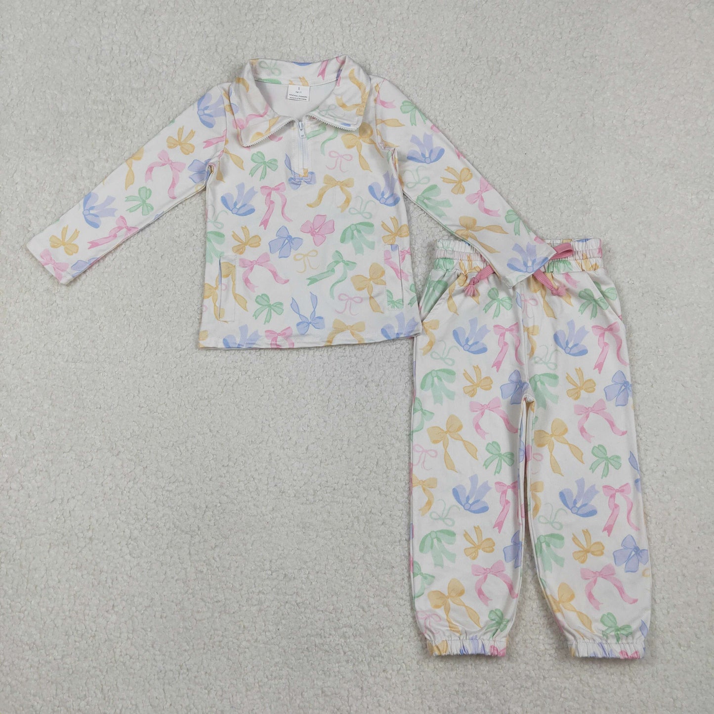 GLP2886 Colored Bows Zip up Collar Long Sleeve Pants Girls Set 202510 RTS