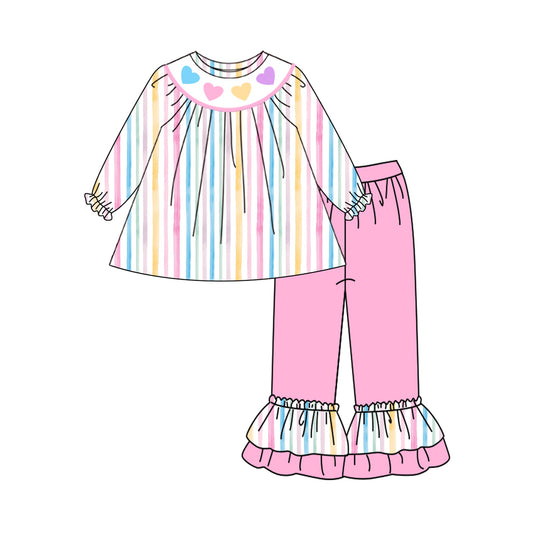 MOQ 8 Preorder GLP2887 Valentine's Day Colored Stripe Love Long Sleeve Ruffle Pants Girls Set 202509