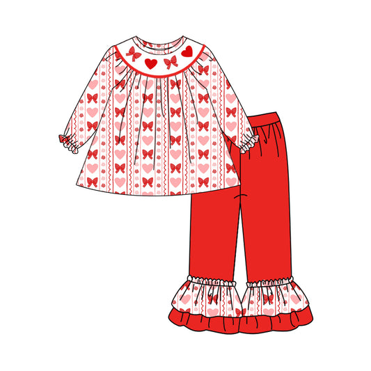 MOQ 8 Preorder GLP2888 Valentine's Day Love Bows Flower Long Sleeve Ruffle Pants Girls Set 202509
