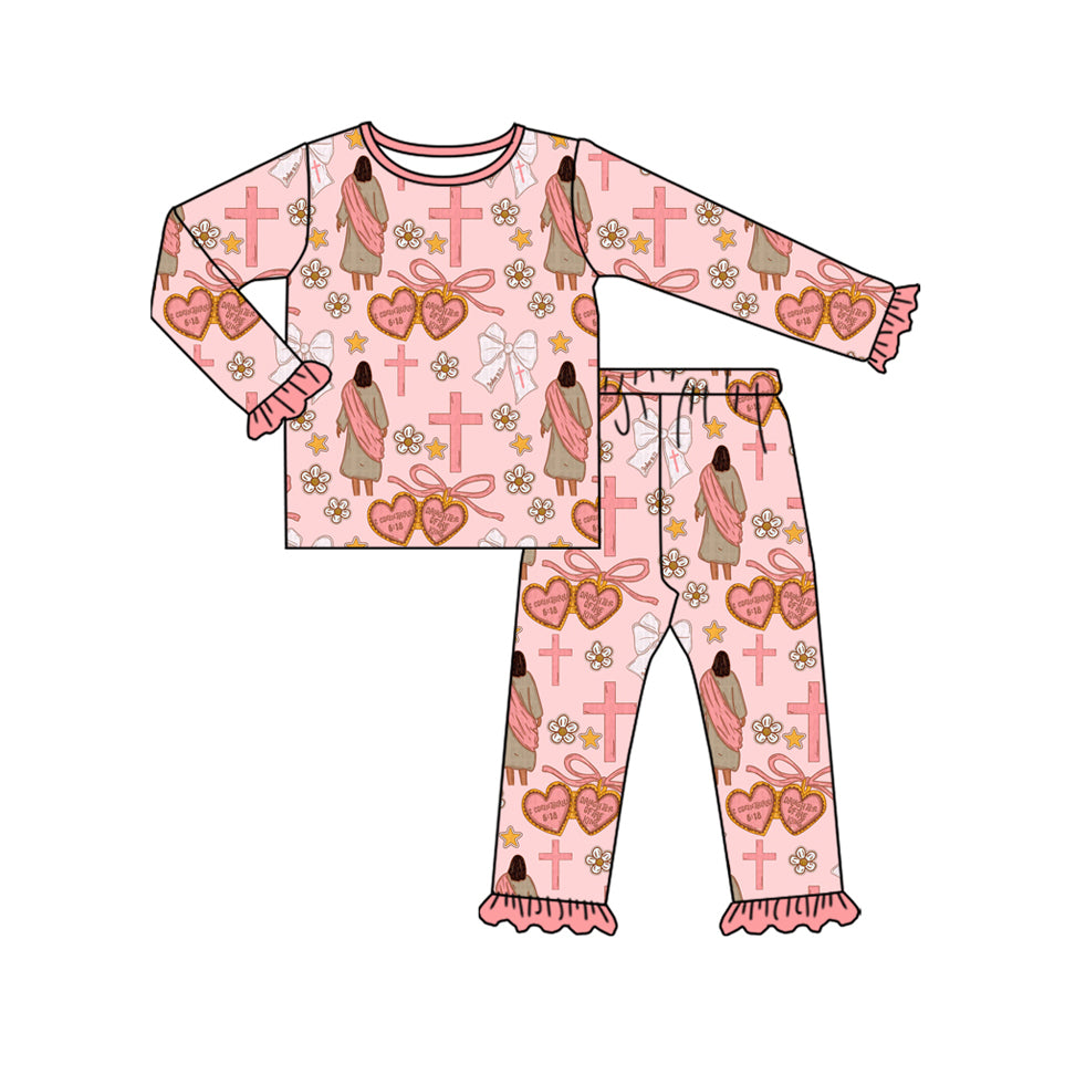 MOQ 8 Preorder GLP2889 Easter Cross Love Flower Pink Ruffle Long Sleeve Pants Girls Set 202509