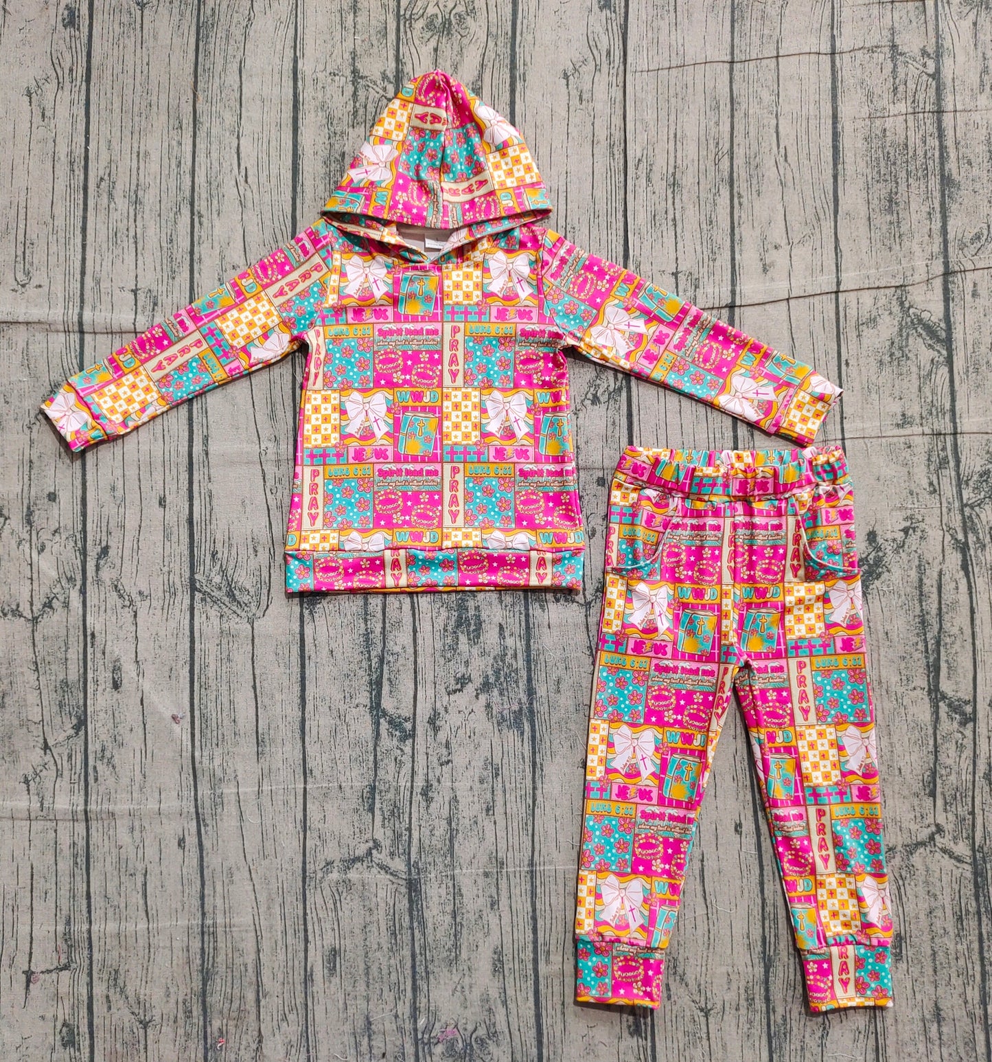 NO MOQ Preorder GLP2891 Jesus Cross Flower and Bow Pattern Plaid  Rose Red Hooded Long Sleeve Pants Girls Set 202511