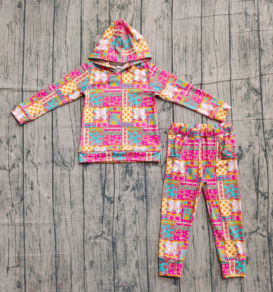 NO MOQ Preorder GLP2891 Jesus Cross Flower and Bow Pattern Plaid  Rose Red Hooded Long Sleeve Pants Girls Set 202511