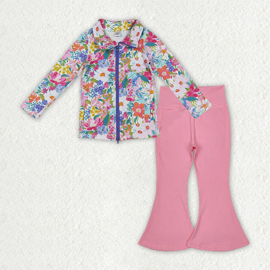 GLP2893 Girls Boutique Yoga Sets Flower Purple Zipper Long Sleeve Pink Bell Bottom Pants 202509 RTS