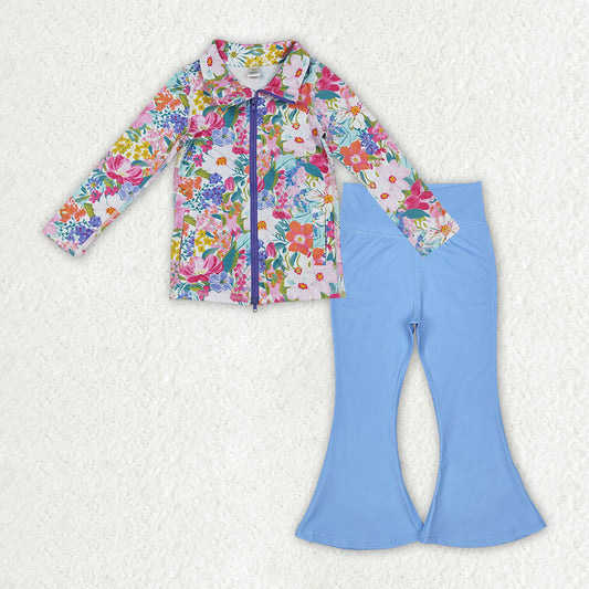 GLP2895 Girls Boutique Yoga Sets Flower Purple Zipper Long Sleeve Blue Bell Bottom Pants 202509 RTS