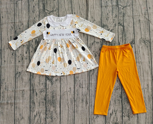 NO MOQ Preorder GLP2901 Embroidered Happy New Year Balloon Doll Collar Long Sleeve Pants Girls Set 202510