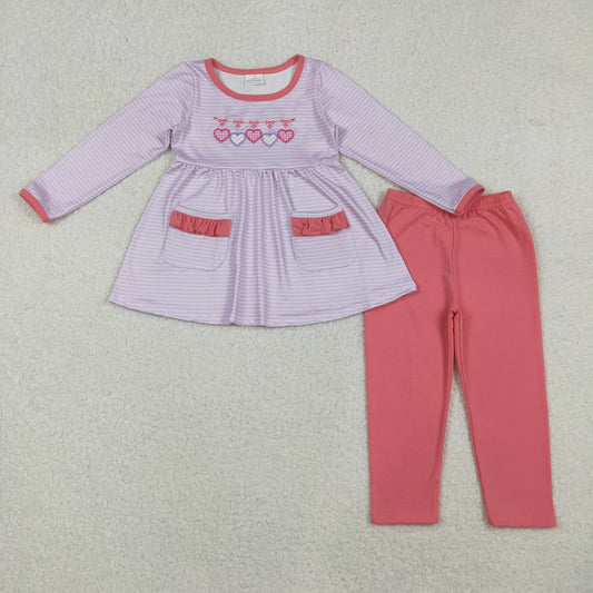 GLP2906 Embroidered Valentine‘s Day Love Stripe Pocket Long Sleeve Pants Girls Set 202510 RTS