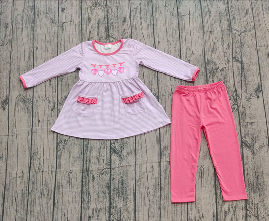 GLP2906 Embroidered Valentine‘s Day Love Stripe Pocket Long Sleeve Pants Girls Set 202510 RTS