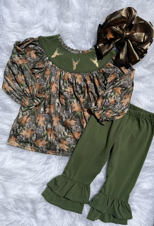 MOQ 8 Preorder GLP2908 Deer Hunting Camouflage Green Long Sleeve Pants Girls Set 202509