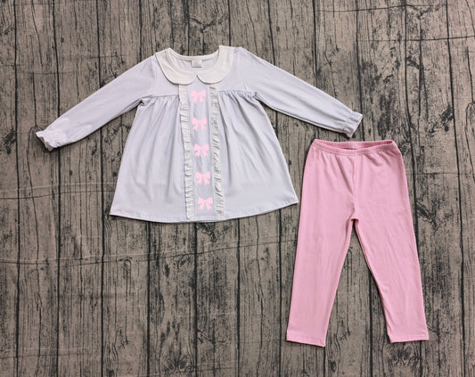 NO MOQ Preorder GLP2909 Embroidered Pink Bows Stripe Doll Collar Long Sleeve Pants Girls Sets 202602