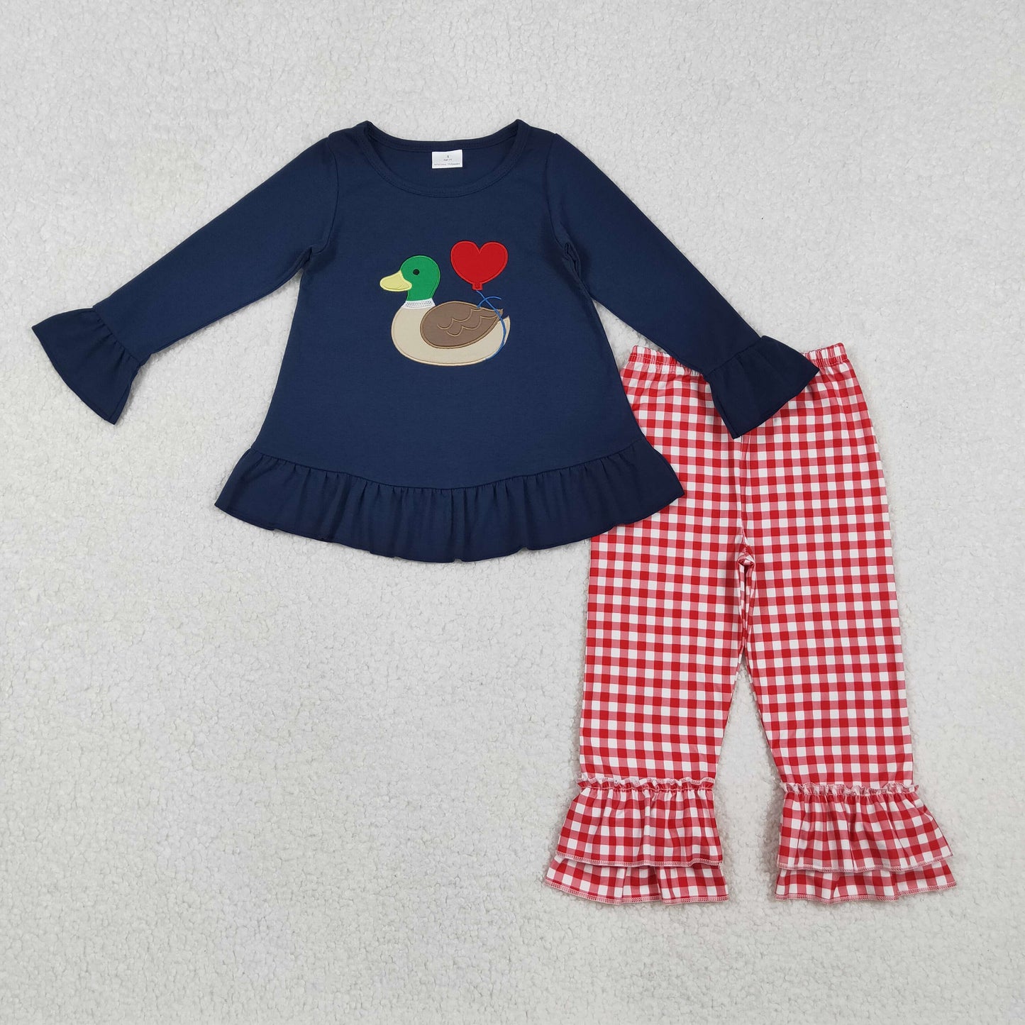 Sibling Matching Clothes Embroidered Valentine’s Day Duck Love Navy Long Sleeve Baby Wear 202511 RTS