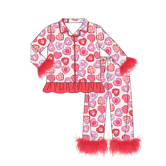 MOQ 8 Preorder GLP2915 Valentine‘s Day Love Ruffle Plush Polo Long Sleeve Pants Girls Pajamas Set 202509