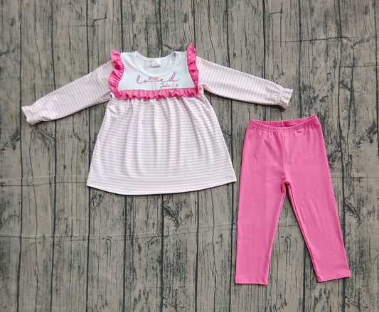 NO MOQ Preorder GLP2916 Embroidered Valentine‘s Day Love Ruffle Pink Stripe Long Sleeve Pants Girls Set 202511