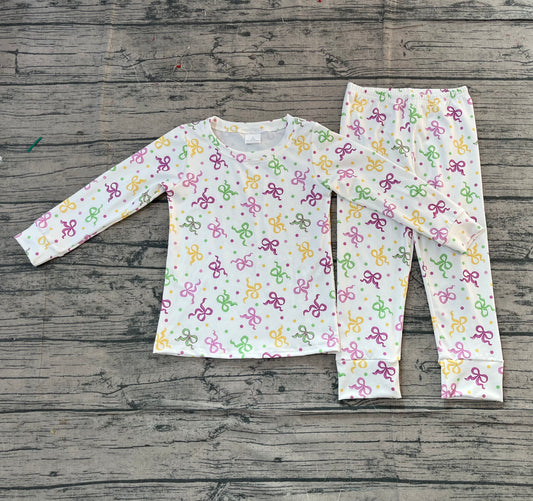 NO MOQ Preorder GLP2920 Mardi Gras Bows Dots White Long Sleeve Pants Girls Set 202511