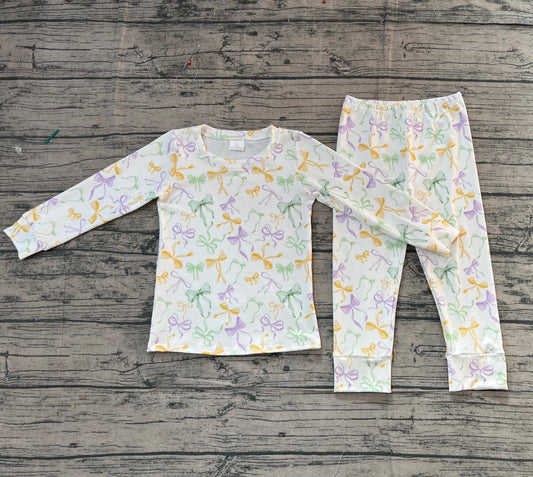 NO MOQ Preorder GLP2921 Mardi Gras Bows White Long Sleeve Pants Girls Set 202511