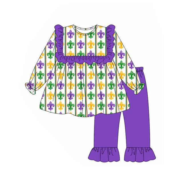 MOQ 8 Preorder GLP2922 Mardi Gras Purple Ruffle Long Sleeve Pants Girls Set 202509