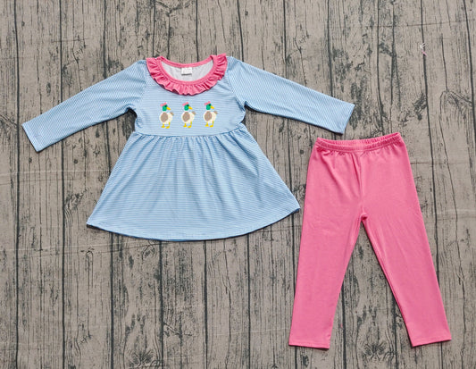 NO MOQ Preorder GLP2923 Embroidered Ducks Pink Ruffle Blue Stripe Long Sleeve Pants Girls Set 202510