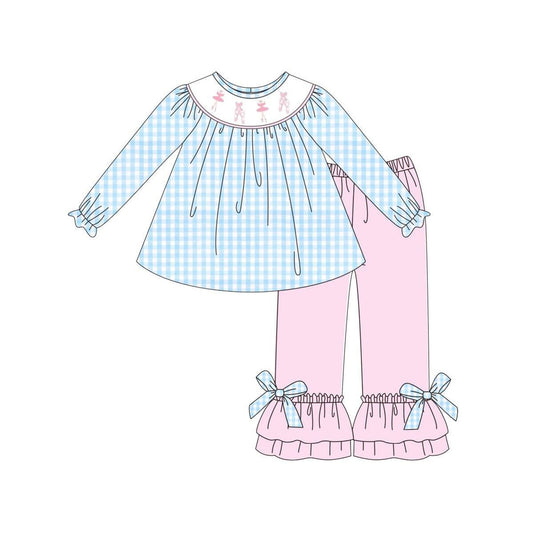 MOQ 8 Preorder GLP2925 Ballet Shoes Blue and White Plaid Long Sleeve Pink Pants Girls Set 202509