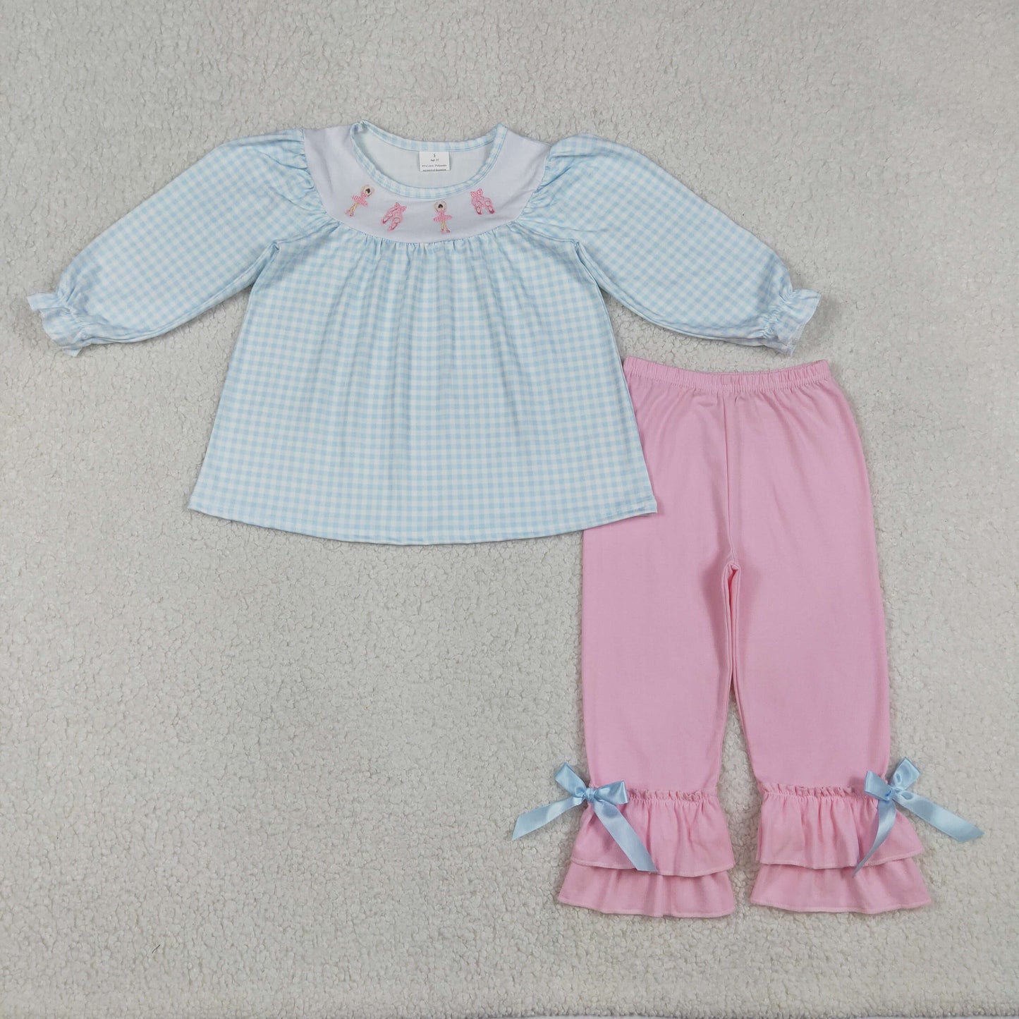 GLP2925 Embroidered Ballet Shoes Blue and White Plaid Long Sleeve Pink Pants Girls Set 202512 RTS