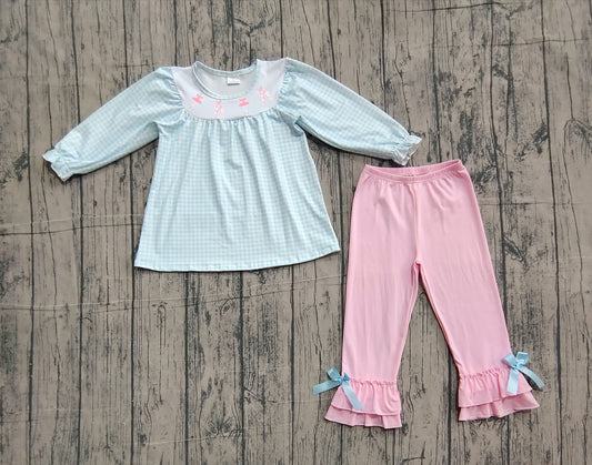 NO MOQ Preorder GLP2925 Embroidered Ballet Shoes Blue and White Plaid Long Sleeve Pink Pants Girls Set 202511