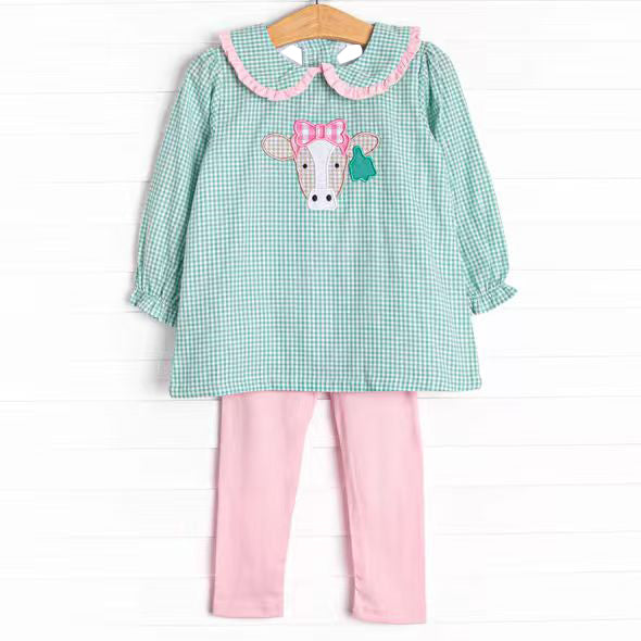 MOQ 8 Preorder GLP2926 Bow Cow Green Plaid Doll Collar Long Sleeve Pink Pants Girls Set 202509