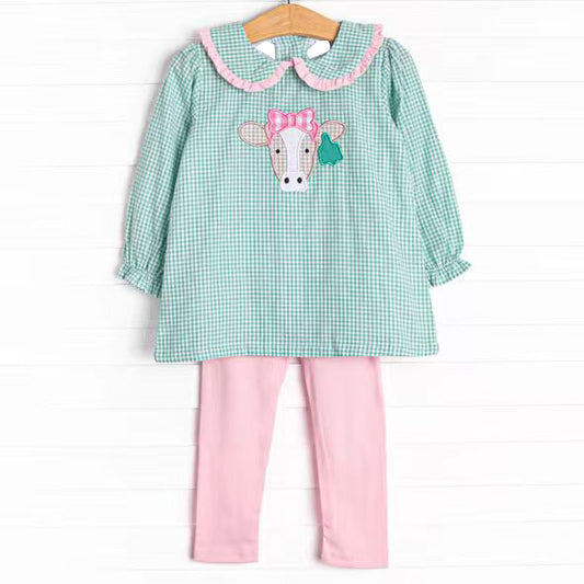 MOQ 8 Preorder GLP2926 Bow Cow Green Plaid Doll Collar Long Sleeve Pink Pants Girls Set 202509