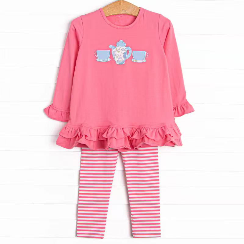MOQ 8 Preorder GLP2926 Teapot Cup Red Ruffle Long Sleeve Stripe Pants Girls Set 202509