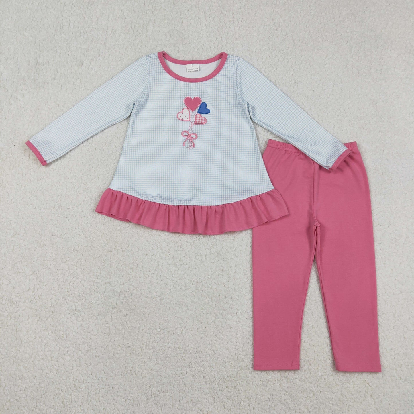 GLP2929 Embroidered Heart Balloon Bow Plaid Long Sleeve Pants Girls Set 202512 RTS