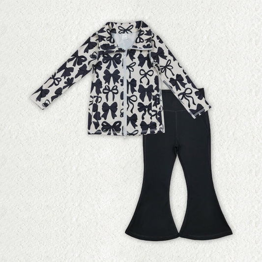 GLP2931 Girls Boutique Yoga Sets Bows Zipper Long Sleeve Black Bell Bottom Pants 202509 RTS