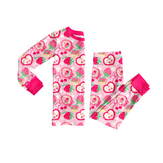 MOQ 8 Preorder GLP2933 Bows Strawberry Red Long Sleeve Pants Girls Pajamas Set 202509